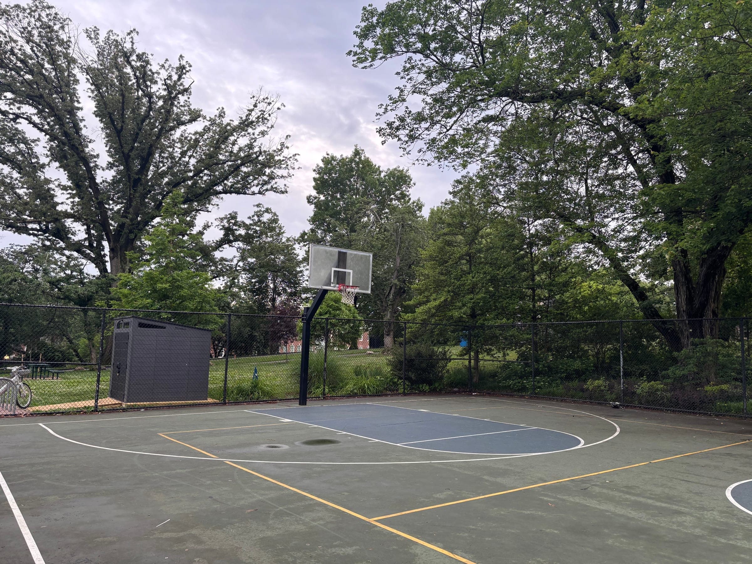 The full basketball court at Lafayette-Pointer Park, ringed by mature trees