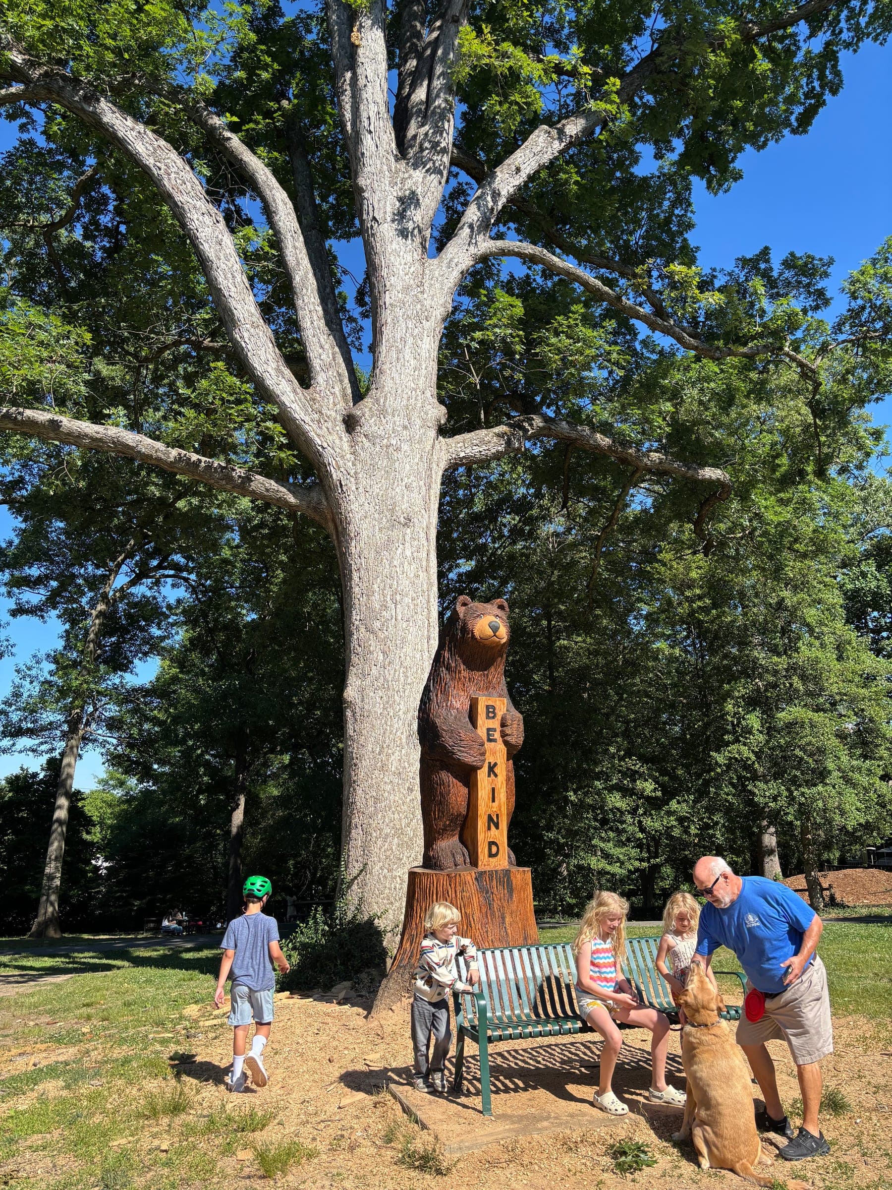 The finished “Be Kind” bear carving on the old oak stump, with families and a dog gathered at the bench beneath it