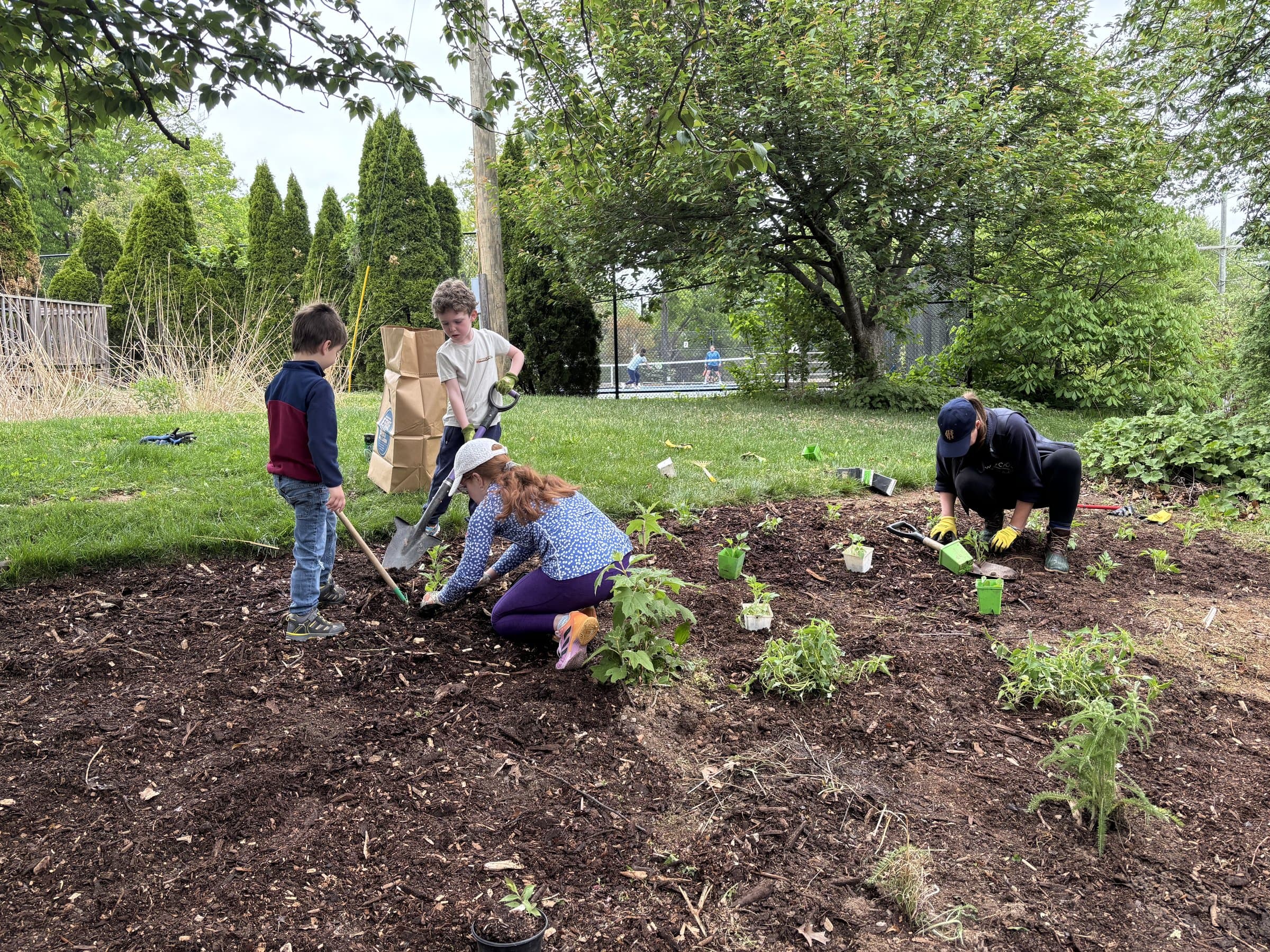 Kids and parents planting in a freshly mulched bed during the spring cleanup