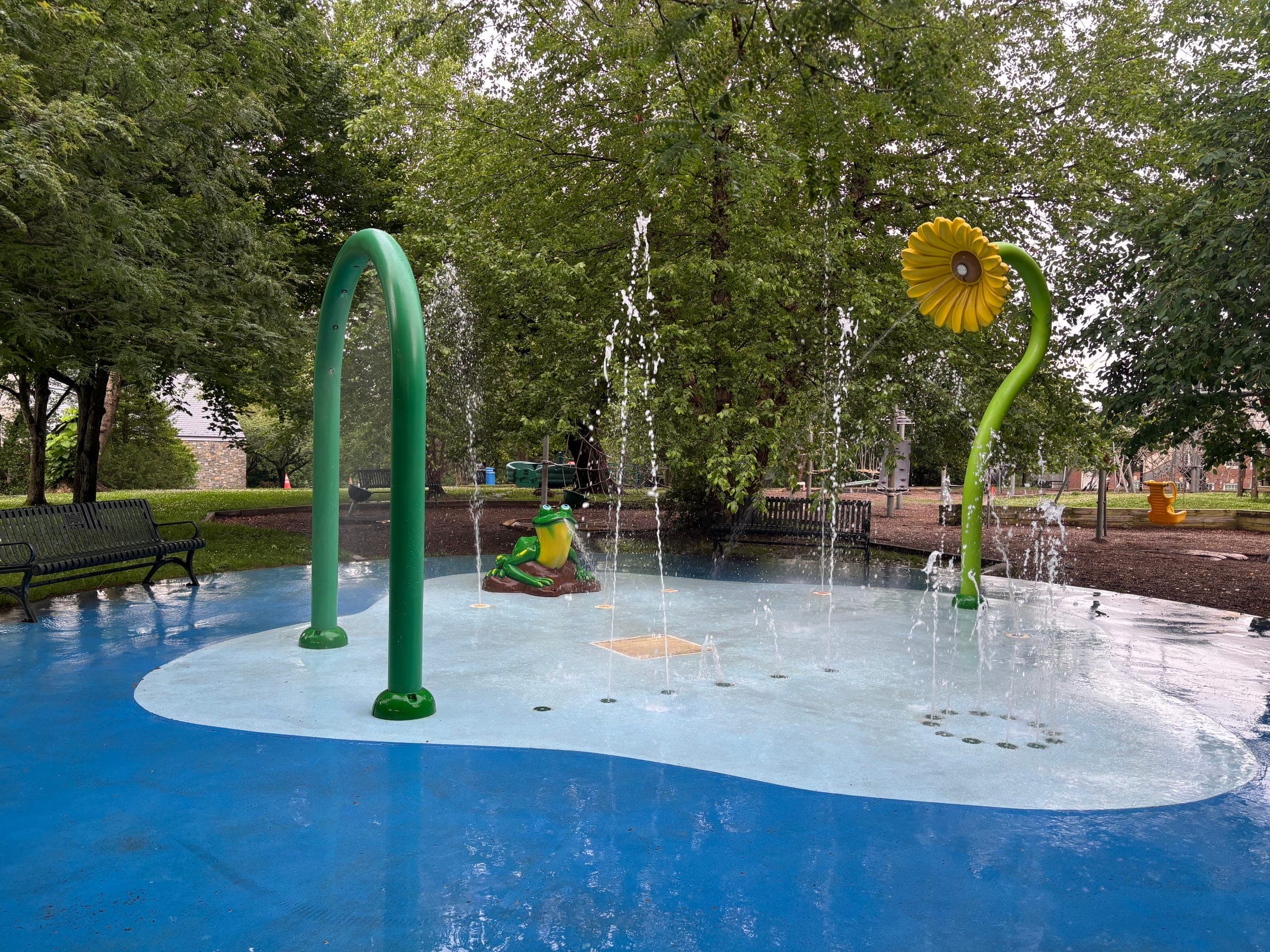The Water Daisy sprayground, with its flower sprinkler and frog feature running over a blue splash pad